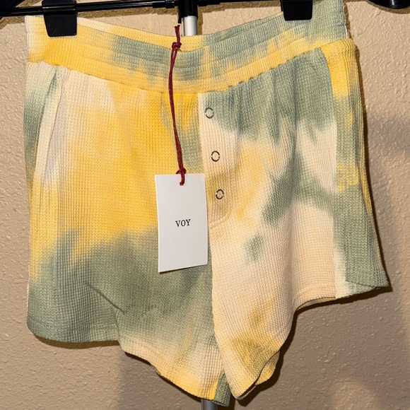 Women's 2 pc Tie-Dye Waffle Knit Lace-Up Top & shorts Lounge Pajamas Set - Picture 6 of 8